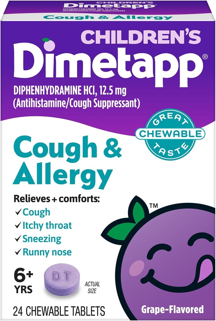 Dimetapp Παιδικός Βήχας & Αλλεργία Μασώμενα, 24 δισκία, Σταφύλι