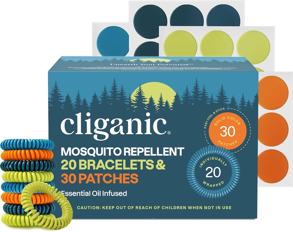 Cliganic Mosquito Repellent Dresss Pack for Kids & Yetişkinler Multi Color, Natural DEET-Free, Essential Oil Infüzyon 20 Bands with 30 Patches, Citronella Scent (50)