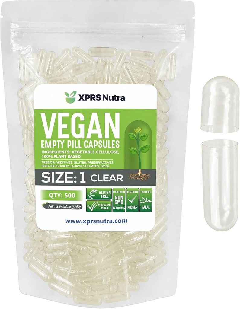XPRS Nutra Boyutu 1 Boş Kapsüller - 500 Kont Clear Boş Vegan Capsules - Vejetaryen Pills - DIY Sebze Kapsülü - Veggie Pill Caps For Do-It- Yourself Supplements