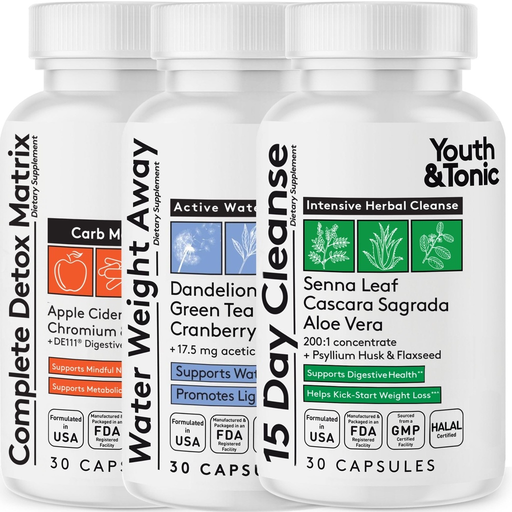 3pk Detox Cleanse Kick Off Kilo Yönetimi | Kolon Cleanser + Su Kayıp Pills w Dandelion + ACV Full Body Detox + Probiyotiks | for Flat Stomach, Waistline, Metabolism, Bloating – 90 Pills