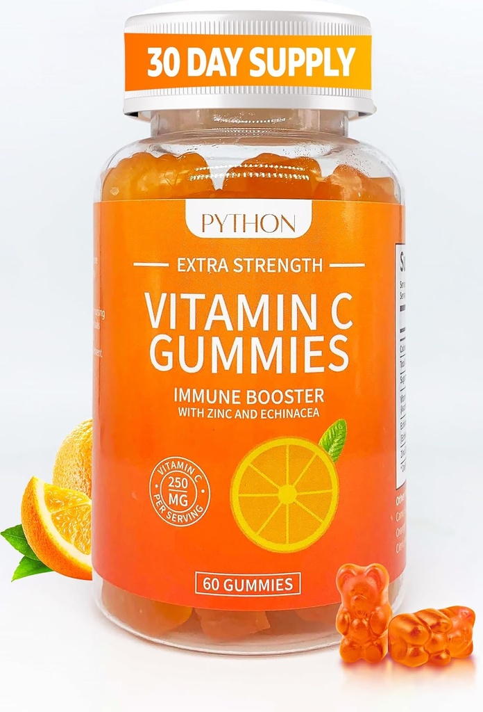 Python C vitamini + Echinacea Supplement for Immunity and Lung Health, Supports Collagen Production, Skin Hydration, Immunity and Health, 60 Vegan Gummy Chews for Yetişkinler & Kids - 1 ay Supply