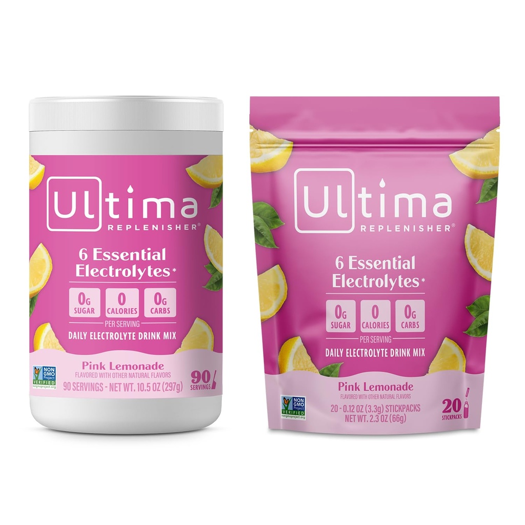 Ultima Replenisher Electrolyte Toz İçecek Mix Sche – Sugar Free – Pink Lemonade, 90 Canister ve 20 Stickpacks – 6 Electrolytes and Minerals – Keto Friendly, Vegan, Non-GMOMO