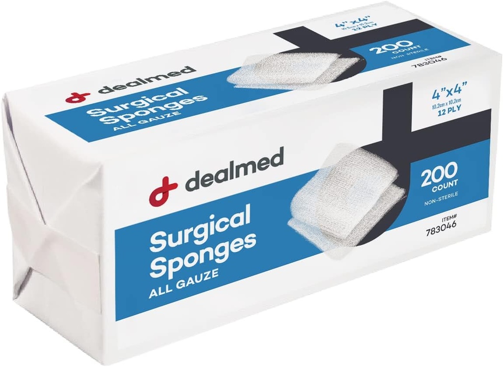 Dealmed 4" x 4" Χειρουργικά Σφουγγάρια, 12-Ply, Απορροφητικά Υφαντά Πακέτα Gauze, Μη-Sterile Φροντίδα Τραυμάτων για Κιτ Πρώτων Βοηθειών και Ιατρικές Εγκαταστάσεις, 200 Count (Pack of 1)