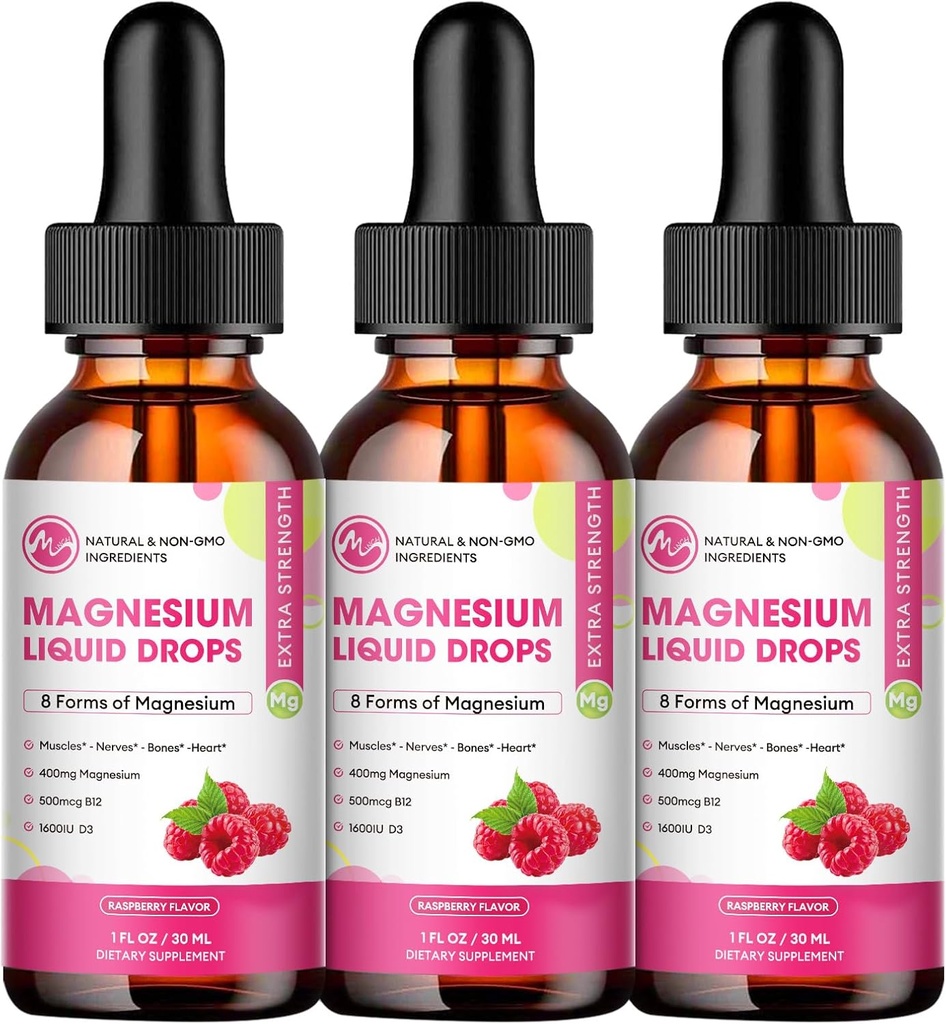(3 Pack) M inç Magnezyum Glycinate Liquid Drops, Magnezyum Sıvı Supplement with Hücre Fiber Raspberry Flavor Flavor