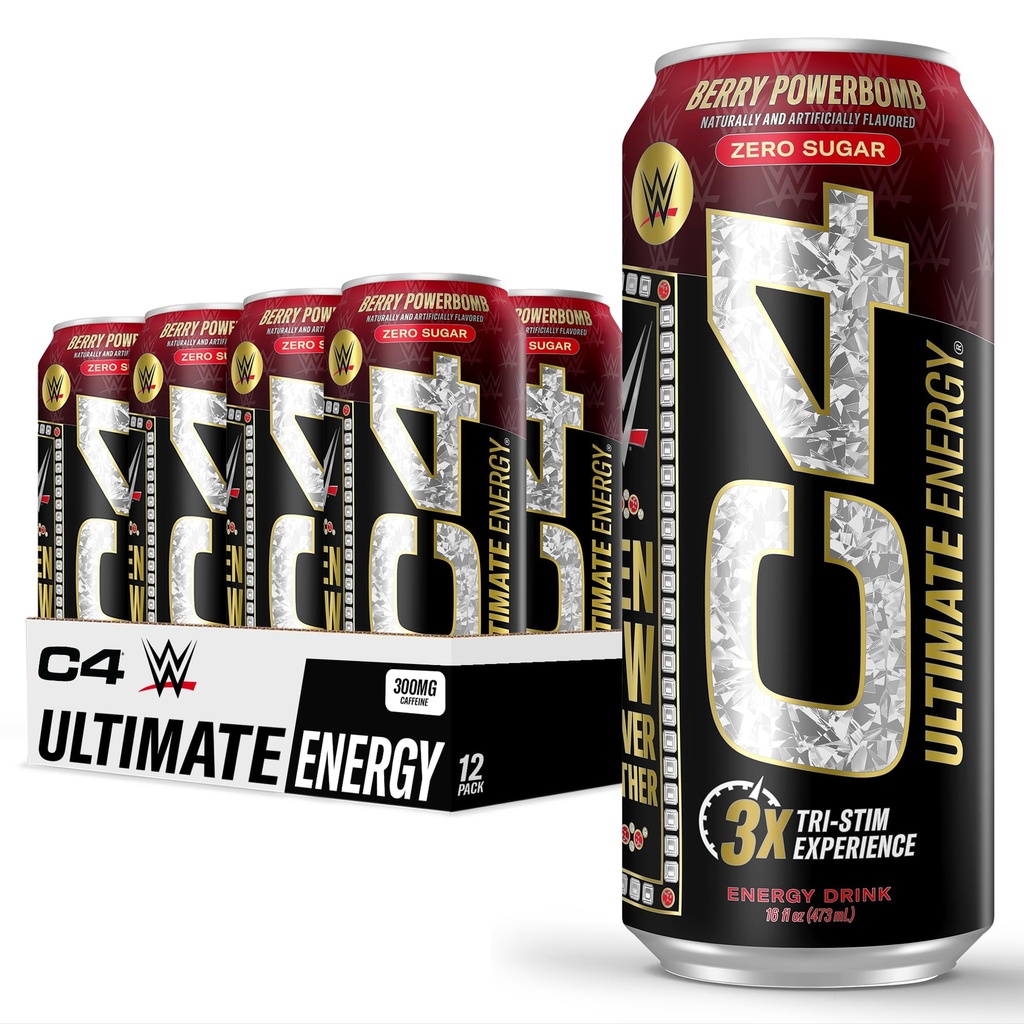Cellucor C4 Ultimate x WWE | Pre Workout Sugar Free Energy Drink | Tri-Stim Deneyimi 300 mg Caffeine + TeaCrine + Dynamine | Berry Powerbomb | 16oz (Paket 12)