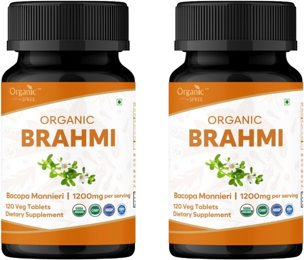 Brahmi 120 Tablets – USDA Organic Bacopa Monnieri Supplement – Supports Focus, Calm & Memory – Herbal Nootropic* - Pack of 2