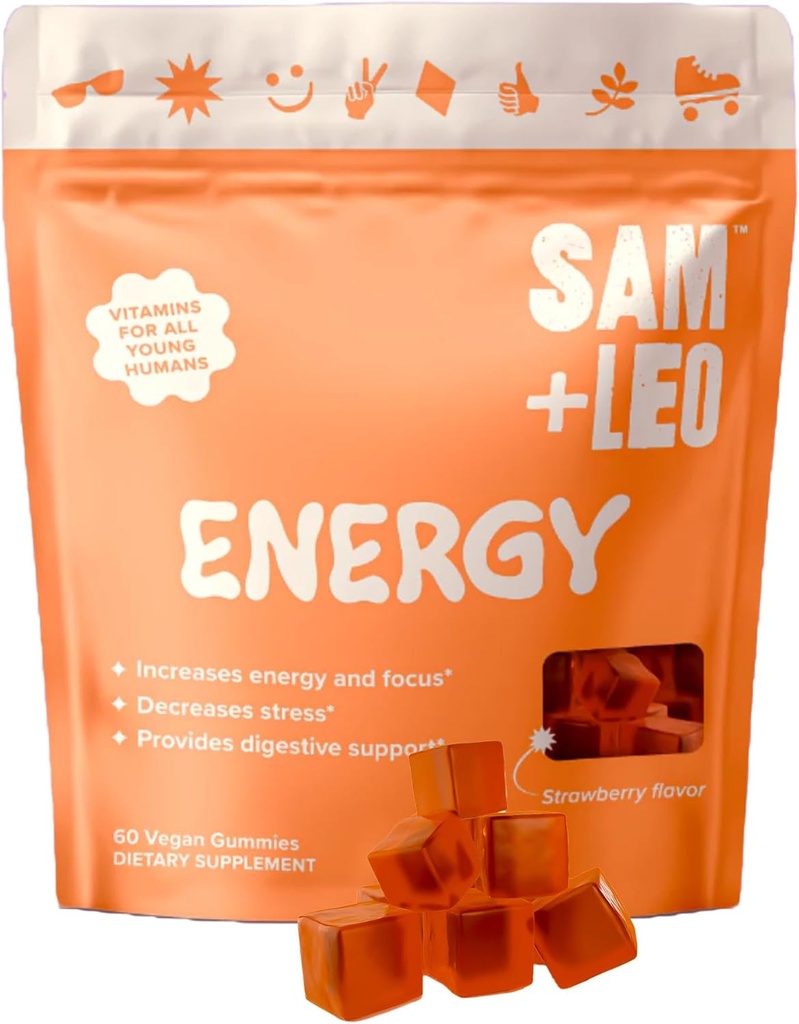 Çocuklar için SAM+LEO Enerji Gummies - Biotin, C, B3, B6 ve B12 - Tüm Doğal & Vegan Gummy for Energy & Focus Supplement for Kids - Stres & Digestive Support, Strawberry Gummies - 60/ct