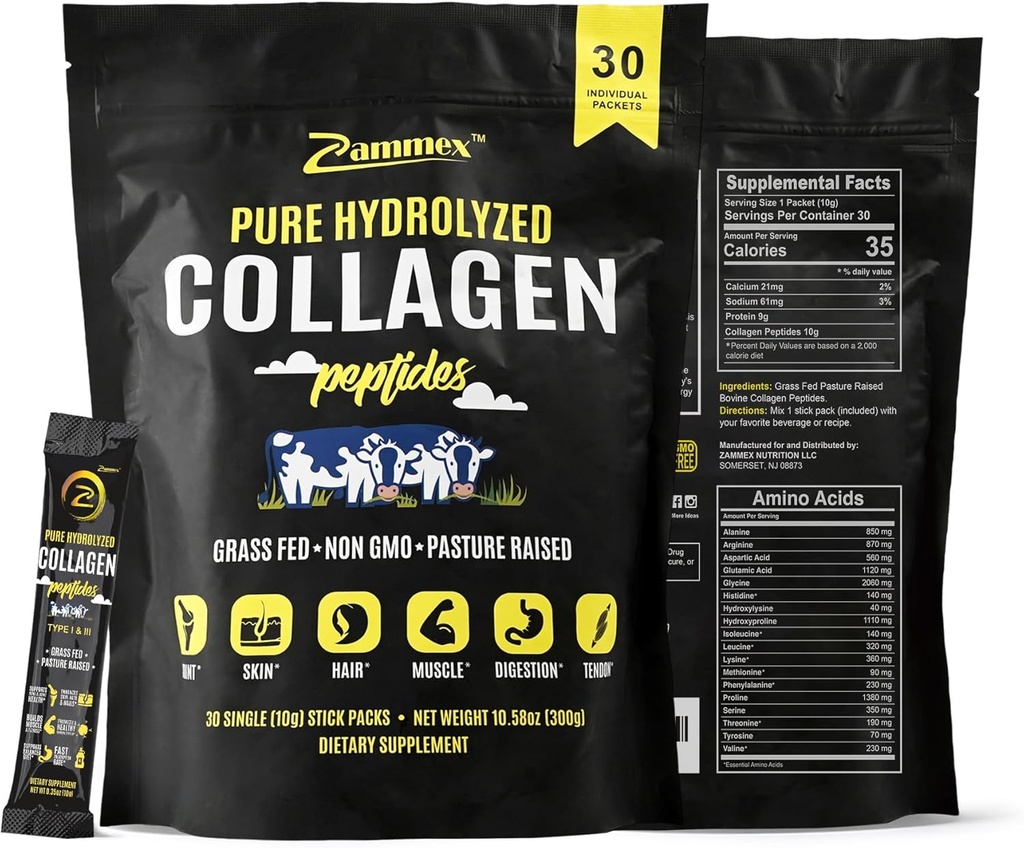 Zammex Premium Collagen Pep Toz, 30 Sticks Travel Packets (Type I, III), Unflavored Collagen Protein Tozu Go, Hydrolyzed Collagen Peptide for Skin Hair Nail Joint, 10g per