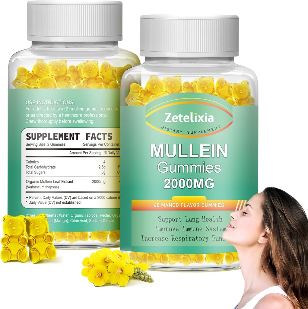 2 Pack Mullein Gummies - Lungs,Lung Detox için Temizleme,Mullein Lung Support Supplement for Immune Support,Mucus Relief,120 Sugar Free Vegan Gummies