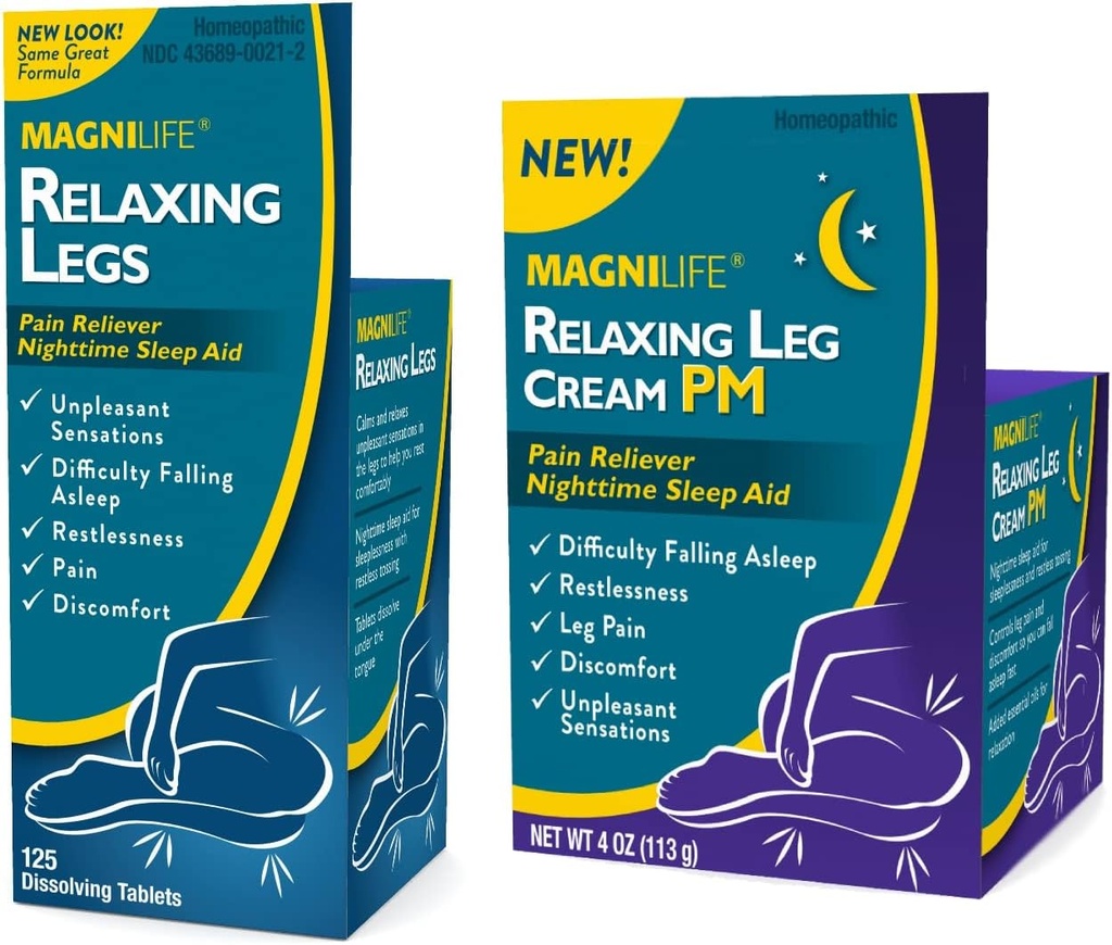 MagniLife Relaxing Legs 125 Count Quick Dissolve Tabletleri Rahatlaştırıyor Leg Cream PM 4oz Jar Restless Legs