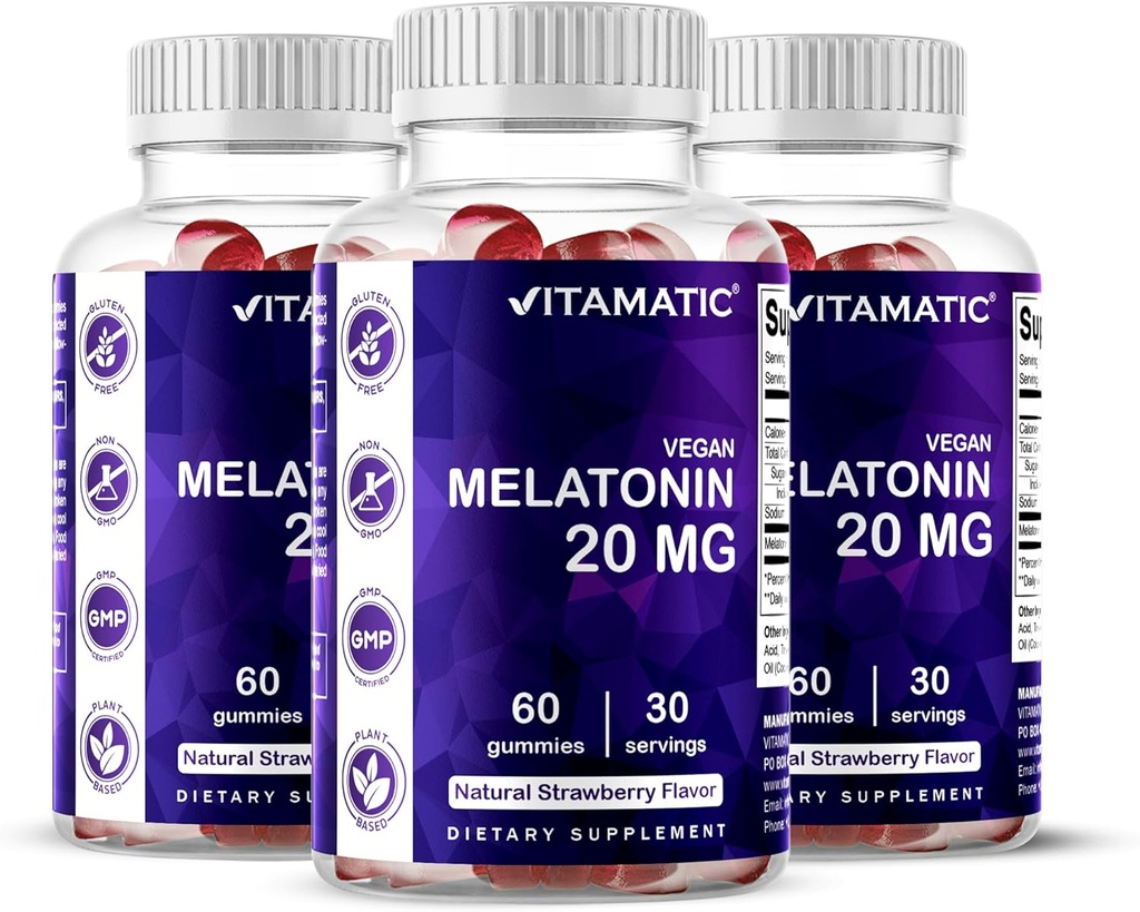 Vitamatic Melatonin 20 mg Gummies for Adults, 30 Servings - 60 Χορτοφαγικά Gummies - Μη-Habit Forming Συμπλήρωμα