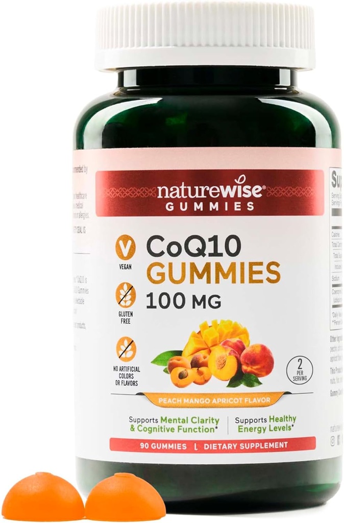 NatureWise CoQ10 Gummies 100mg - Peach Mango Flavor - Kalp Sağlığı ve Antioksit Aktivitesi için Tamam - Pectin-Based, Vegan, Soy ve Gluten Free, Non-GMO - 90 Count[45-Day Supply]