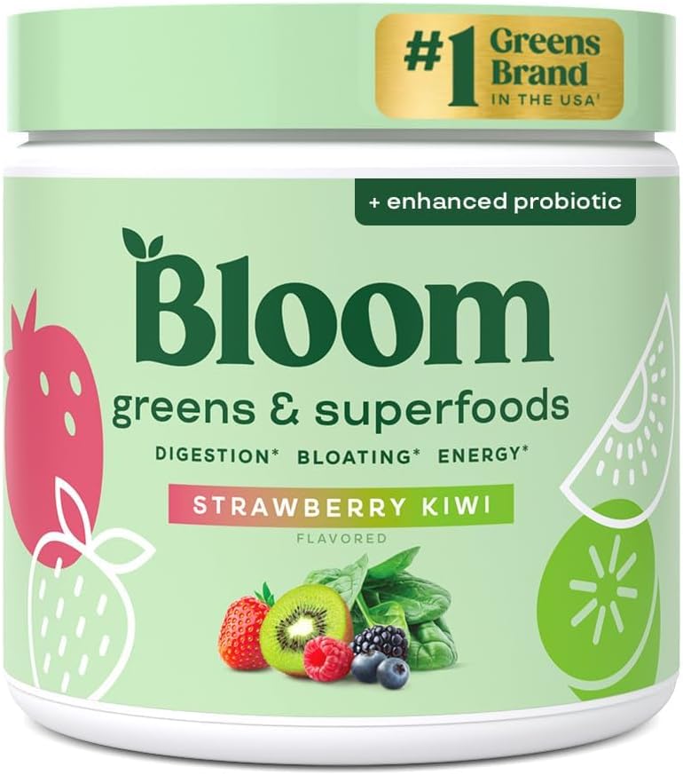 Bloom Nutrition Greens and Superfoods Σκόνη για την Digestive Health, Greens Powder, Digestive Enzymes, Probiotics, Spirulina, Chlorella for Bloating & Gut Support, Green Juice, 30 SVG, Φράουλα Kiwi