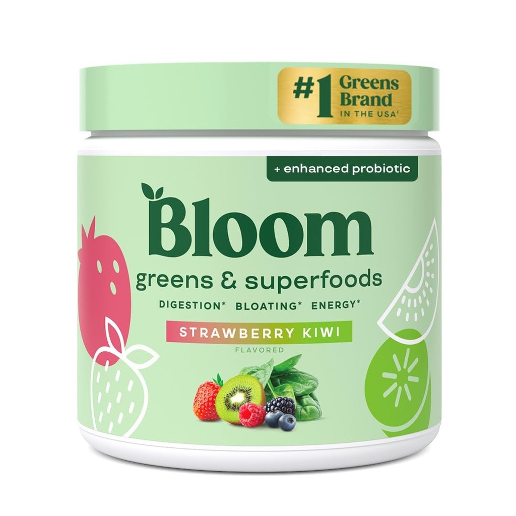 Bloom Nutrition Greens and Superfoods Σκόνη για την Digestive Health, Greens Powder, Digestive Enzymes, Probiotics, Spirulina, Chlorella for Bloating & Gut Support, Green Juice, 30 SVG, Φράουλα Kiwi