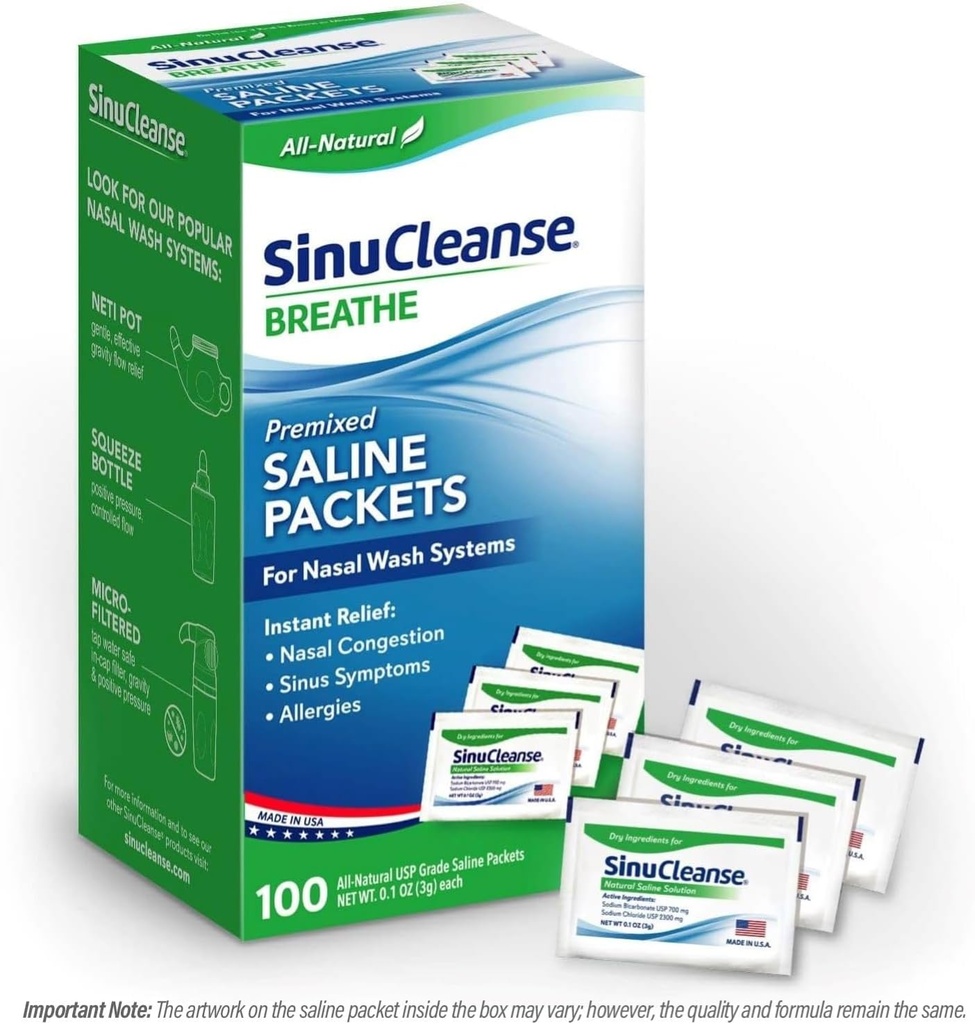 SinuCleanse Pre-Mixed Saline Packets for Sinus Rinse and Nasal Irigation Systems, 100 Count, Made in USA, All-Natural, Pharmaceutical Grade and PH Balanced