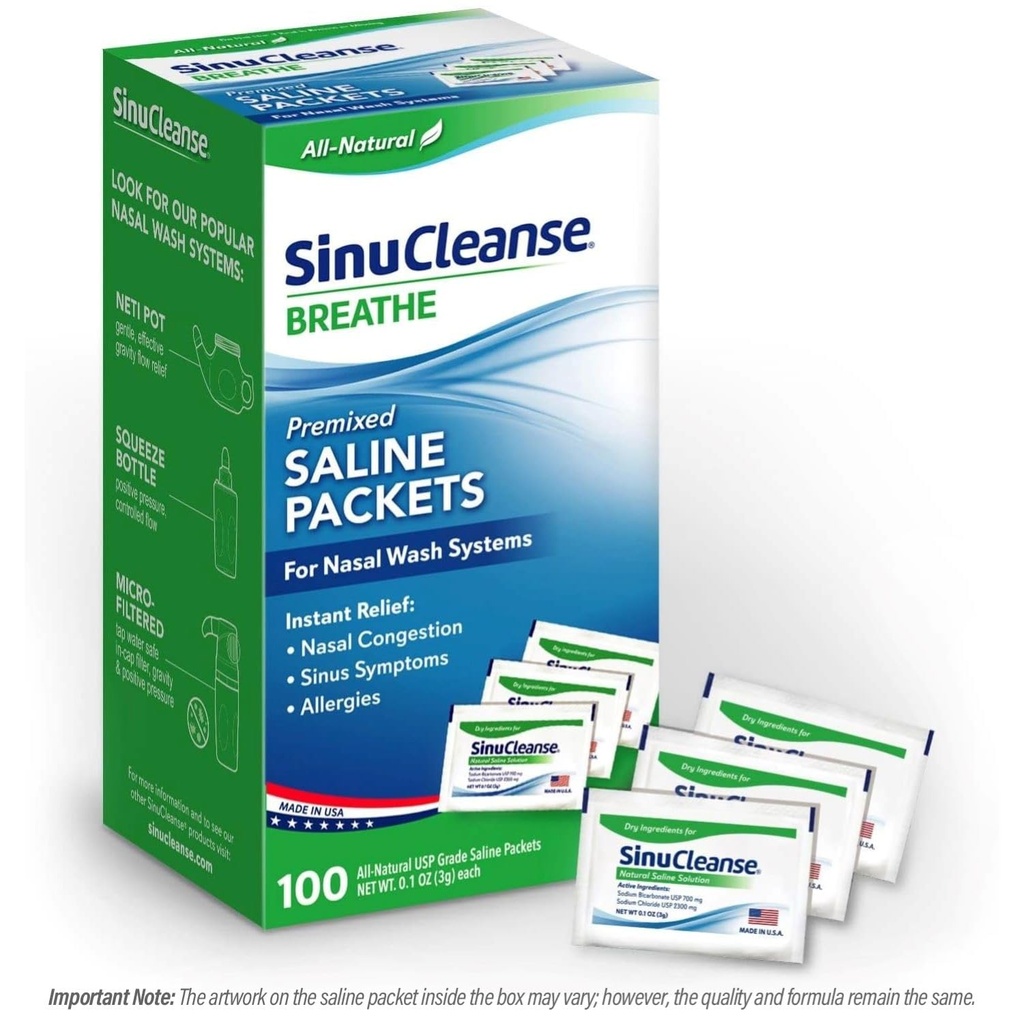 SinuCleanse Pre-Mixed Saline Packets for Sinus Rinse and Nasal Irrigation Systems, 100 Count, Made in USA, All- Natural, Farm Grade and PH Balanced