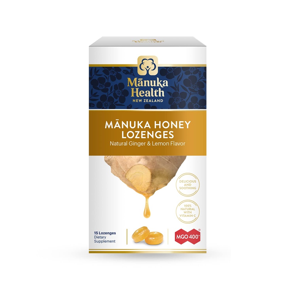 Manuka Health Manuka Honey Lozenges – 15 Limon ve Ginger Flavored Lozenges – Natural Throat Lozenges Immune Support için Raw Manuka Honey ve Vitamin C ile bir araya geldi