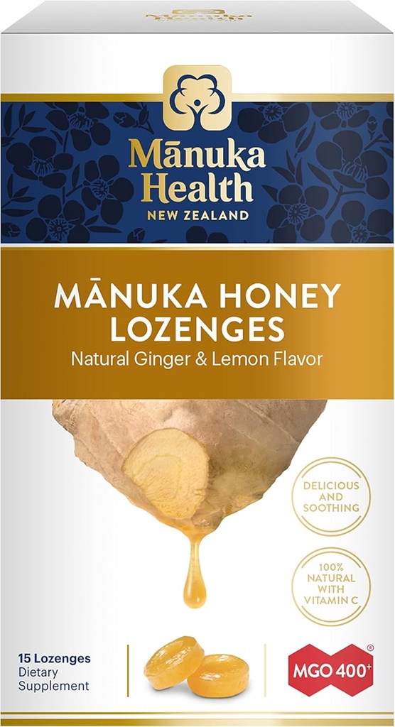Manuka Health Manuka Honey Lozenges – 15 Limon ve Ginger Flavored Lozenges – Natural Throat Lozenges Immune Support için Raw Manuka Honey ve Vitamin C ile bir araya geldi