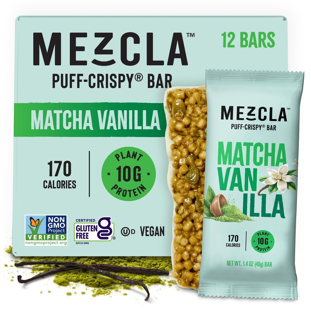 Mezcla Puff Crispy protein Bars, Gluten Free & Vegan Protein Bars, 10g Protein, Crispy Rice Universitesi, Granola Bars & Breakfast Bars, Yetişkinler için sağlıklı atıştırmalıklar, Matcha Vanilla, 12 Pack