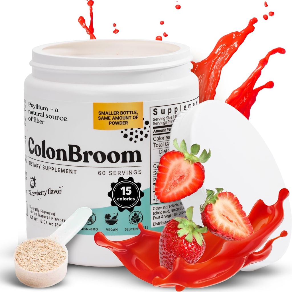 KolonBroom Psyllium Husk Toz (Strawberry) - Bloating Relief & Gut Health - Kolon Broom Fiber Toz İç - Vegan, Gluten Free, Non-GMO Fiber Toz Supplement, 60 Hizmetler