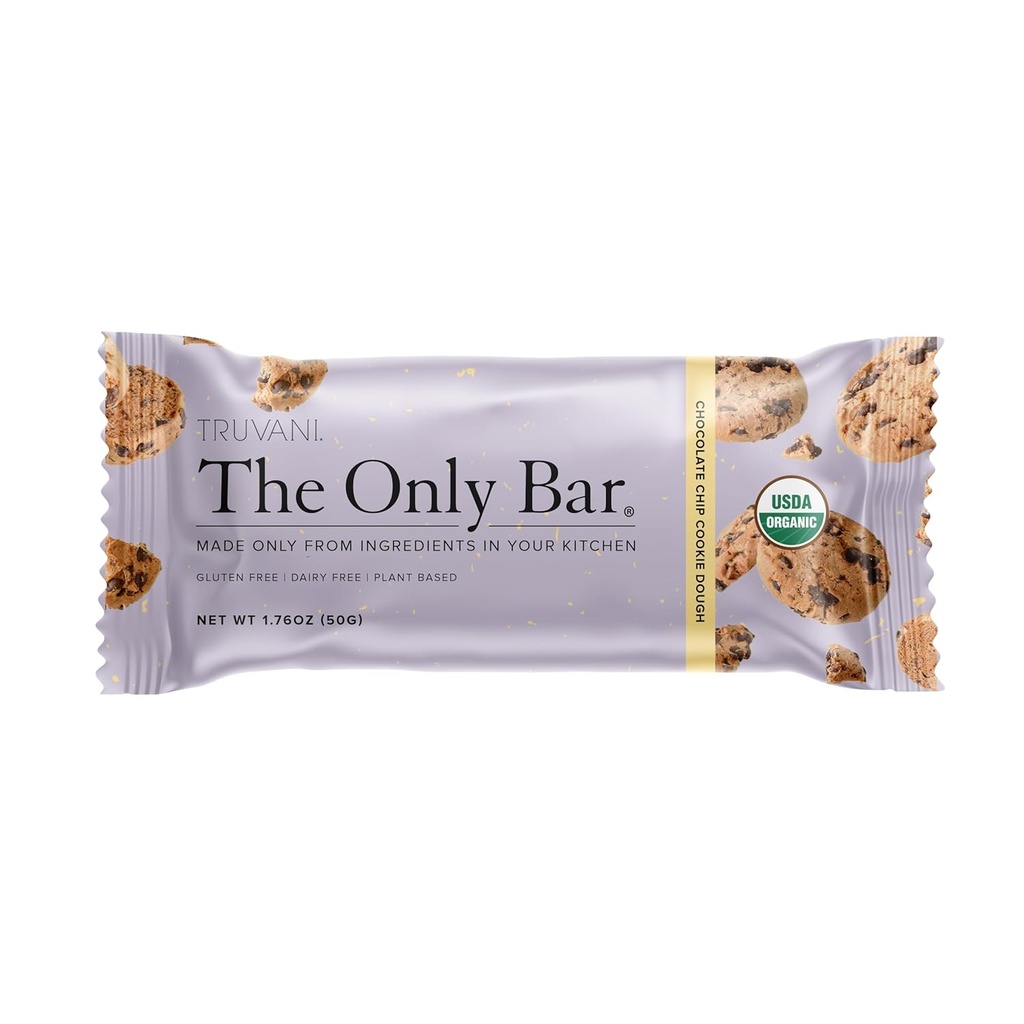 Truvani Plant Based Snack Bars | Chocolate Chip Cookie Dough 1 Pack | 5g Protein | USDA Organik ve Vegan | Sadece Bar | Süt, Soy ve Gluten Ücretsiz | Bireysel olarak yuvarlandı