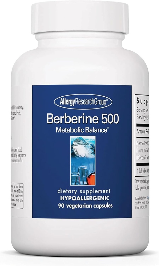 Alerji Araştırma Grubu Berberine 500 mg Supplement - Çok Amaçlı Metabolik Destek, Sağlıklı Kolesterol, Hint Barberry Root, Hipoallergenic, Vegetarian Capsules - 90 Count 90