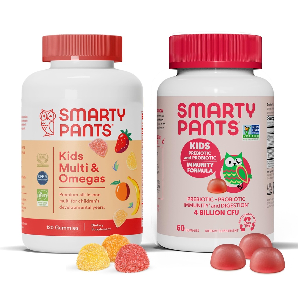 SmartyPants Kids Multivitamin Gummies and Probiotic Immion Bundle: Omega 3 Fish Oil (EPA/DHA), Vitamin D3, C, Vitamin B12, B6, Digestive & Immune Support Supplement (30 Day Supply)