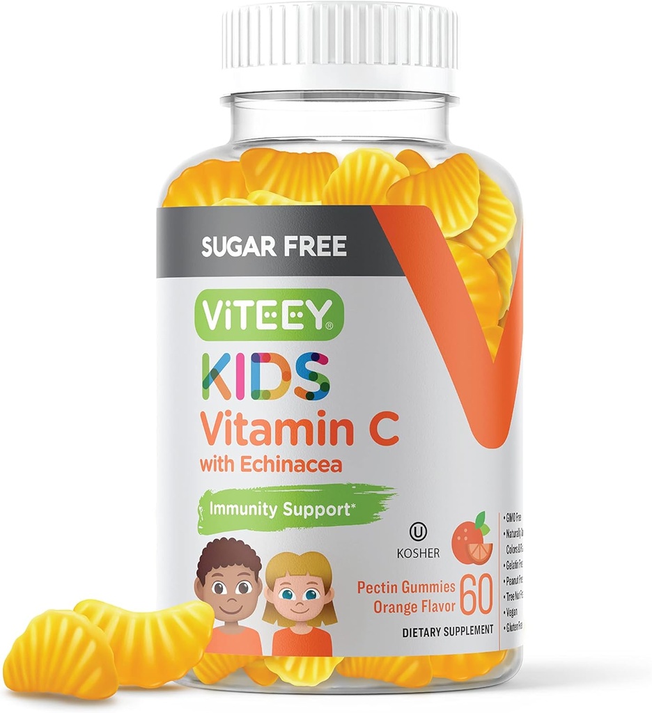 Viteey Kids C Gummies 75mg, Echinacea - Sugar Free - Immune Support for Toddlers, & Young - Vegan, Gelatin Free, Gluten Free, GMO Free - Tasty Orange Flavored Kids Immunity Gummy
