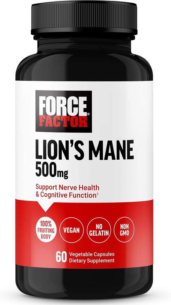 Force Factor Lion's Mane Supplement Capsules, Memory & Focus Supplement, Supports Nerve Health & Cognitive Function, Made with 100% Fruiting Body, Vegan, No Gelatin, Non-GMO, 60 Sebze Capsules