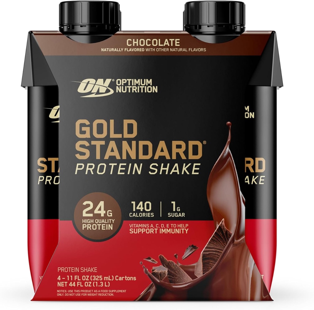 Optimum Nutrition Gold Standard Protein Shake, 24g Protein, Ready to Drink Protein Shake, Χωρίς γλουτένη, Βιταμίνη C για ανοσοποιητική υποστήριξη, Σοκολάτα, 11 Fl Oz, Συσκευασία των 4 (Packaging May Vary)