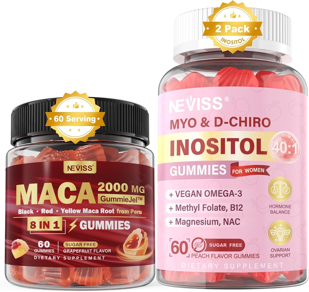 Χωρίς ζάχαρη NAVIS 1Pack Maca Root Filled Gummies & 2Pack Myo-Inositol & D-Chiro Inositol Gummies