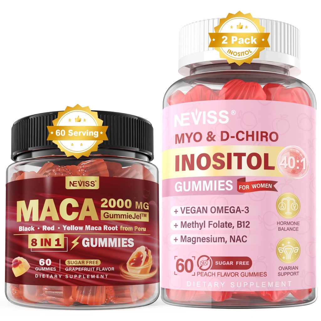 NEVISS Sugar Free 1Pack Maca Root, Gummies & 2Pack Myo-Inositol & D-Chiro Inositol Gummies