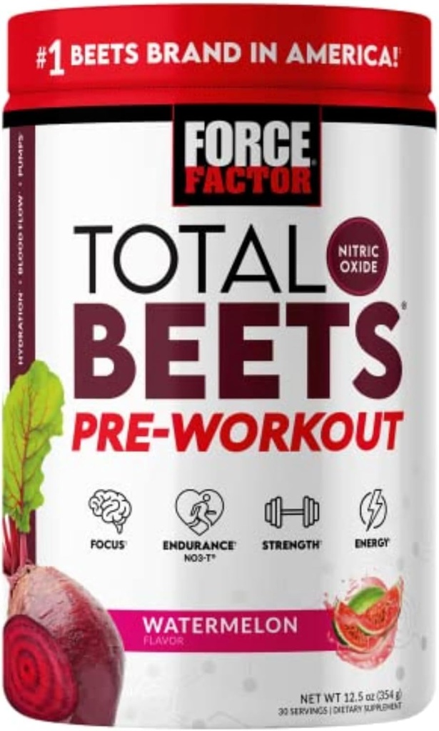 FORCE FACTOR Total Beets Pre-Workout Toz to Boost Energy & Endurance,Boost Strength, and improve Blood Flow and Pumps, Nitrik Oksit Supplement with Beet Root Toz, Watermelon, 30 Servisler