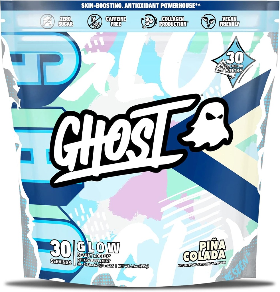 GHOST Glow Sticks: Beauty and Detox Supplement - 30 On-The-Go Stick Packs, Pina Colada - Hyaluronic Acid, Biotin & L-Theanine for Skin-Boosting Support - Sugar Free, Gluten Free