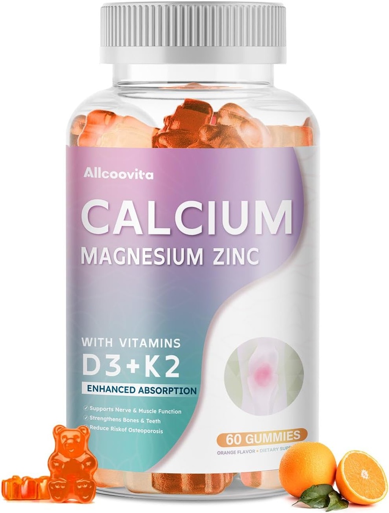 Calcium Magnesium Zinc Gummies with Vitamin D3 & K2 - High Potency Enhanced Absorption -60 Orange Gummies Flavored.