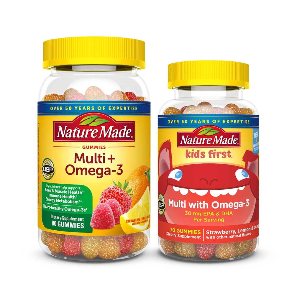Nature Made Adult & Kids Multivitamin Gummies Combo Pack, Multis with Vitamin C, Vitamin D3, B Vitaminleri, çinko, Omega 3 Fish Oil & More, Two Multivitamin Şişes for Whole Family Family Family
