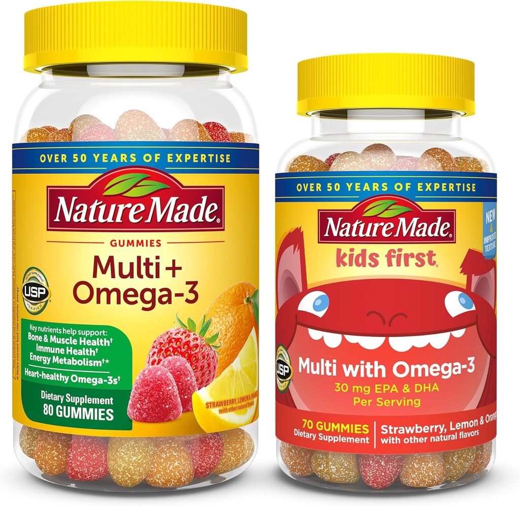 Nature Made Adult & Kids Multivitamin Gummies Combo Pack, Multis with Vitamin C, Vitamin D3, B Vitaminleri, çinko, Omega 3 Fish Oil & More, Two Multivitamin Şişes for Whole Family Family Family