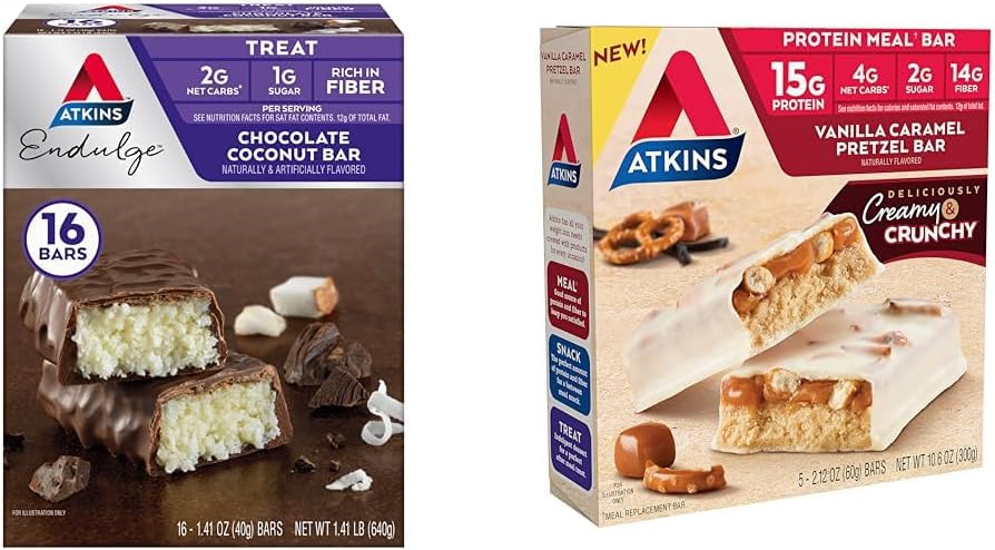 Atkins Coconut Bar 16 Kont, Vanilla Caramel Pretzel Protein Meal Bar 5 Count