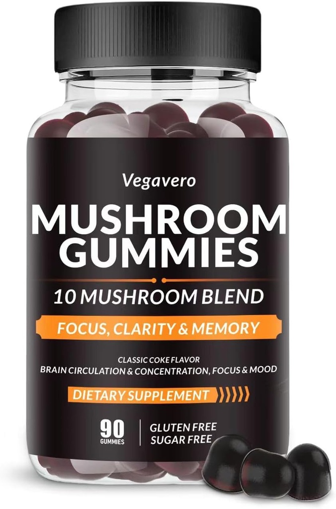 Vegavero Mushroom Gummies - 10x Mushroom Mix - Mushroom Complex - Mushroom Supplement (90 Chews) Classic Coke