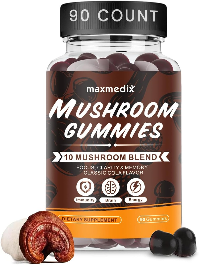 maxmedix Mushroom Gummies - 10x Mushroom Supplement with Ashwagandha and Lions Mane - Brain Alert, Immune Support, Energy - Mushroom Supplement for Men & Women 90 Coke Gummies