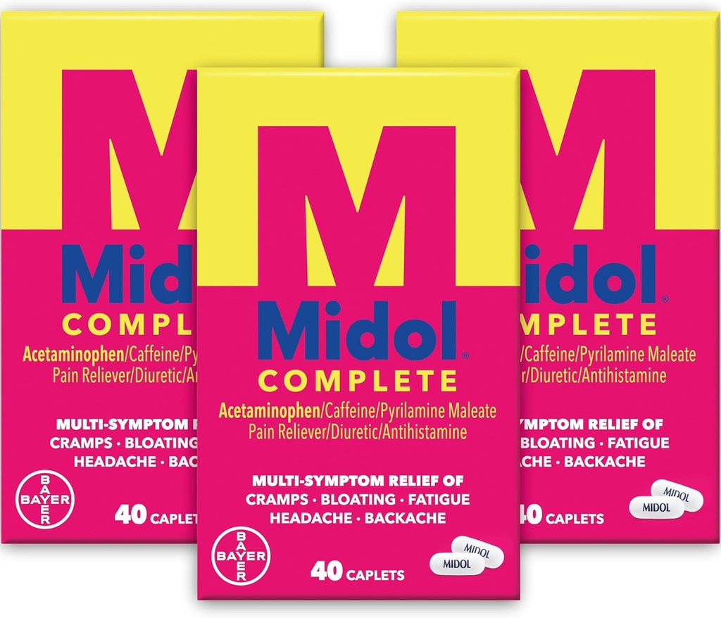 Midol Complete Εμμηνορρυσιακό άλγος Relief Caplets with Acetaminophen for Period Cramps, and Menstrual Symptom Relief - 40 Count (Pack of 3) (Packing May Vary)
