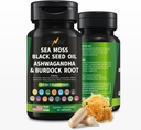 Sea Moss, Black Seed Oil, Ashwagandha ve Burdock Root-Irish Sea Moss 3000 mg, Black Seed 2000 mg, Ashwagandha 1000 mg, Bladderwrack 1000 mg, Burdock Root 1000 mg.