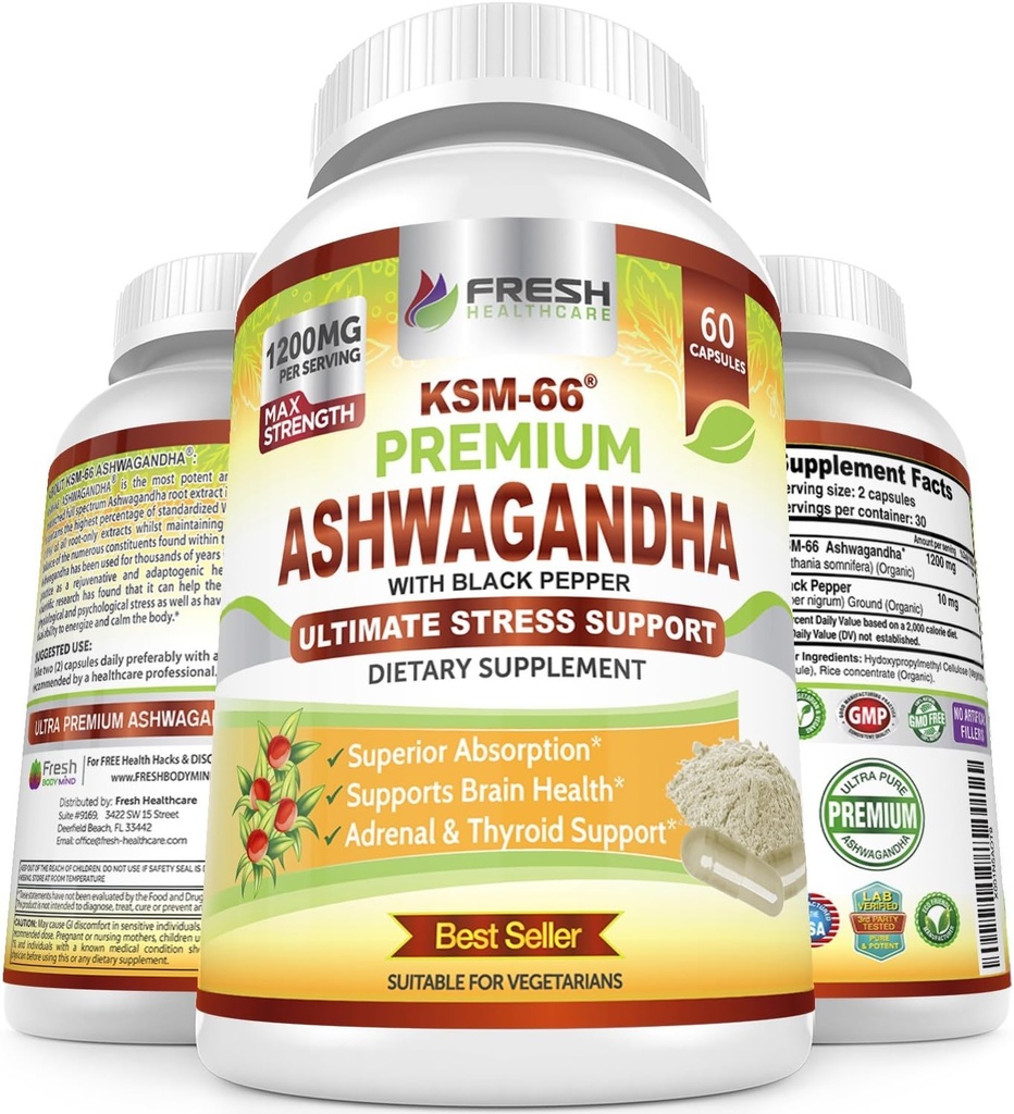 FRESH SACARE Ashwagandha Capsules KSM-66 1200 mg Yüksek Aborpsiyon için Siyah Pepper ile Saf Kökleri - Potent Ashwagandha Supplement - 60 Vegan Capsules