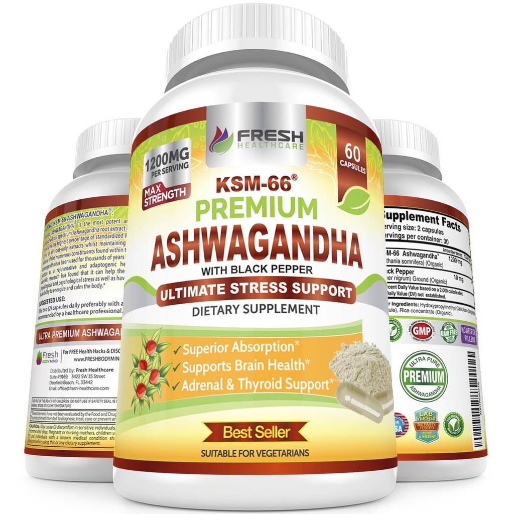 FRESH SACARE Ashwagandha Capsules KSM-66 1200 mg Yüksek Aborpsiyon için Siyah Pepper ile Saf Kökleri - Potent Ashwagandha Supplement - 60 Vegan Capsules