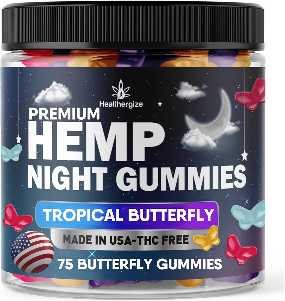 Hemp Gummies Night Time, High Potency Nap Gummies, Peace and Relaxation, Fruity Butterfly Gummy Bear Edibles, Good Mood, Calm, Restful Bedtime-Natural Omega Hemp Oil-Made in USA