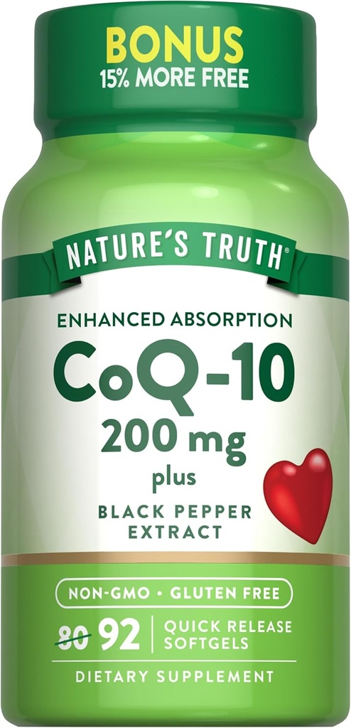 Nature's Truth CoQ10 200 mg Softgels | 92 Count | Enhanced Absorption | with Black Pepper Extract | Non-GMO & Gluten Free Supplement