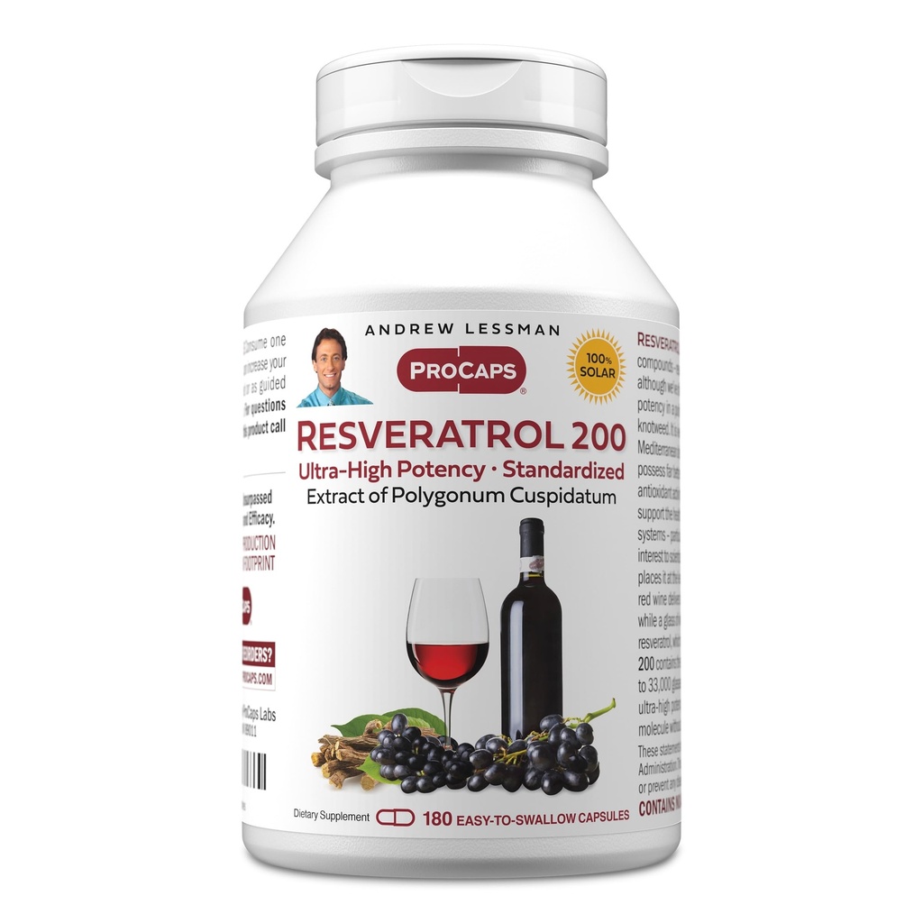 ANDREW LESSMAN Resveratrol-200mg - 180 Capsules - Red Wine's Beneficial, Natural Occurring Anti-oksi, Without Alkol. Katkılar Ücretsiz