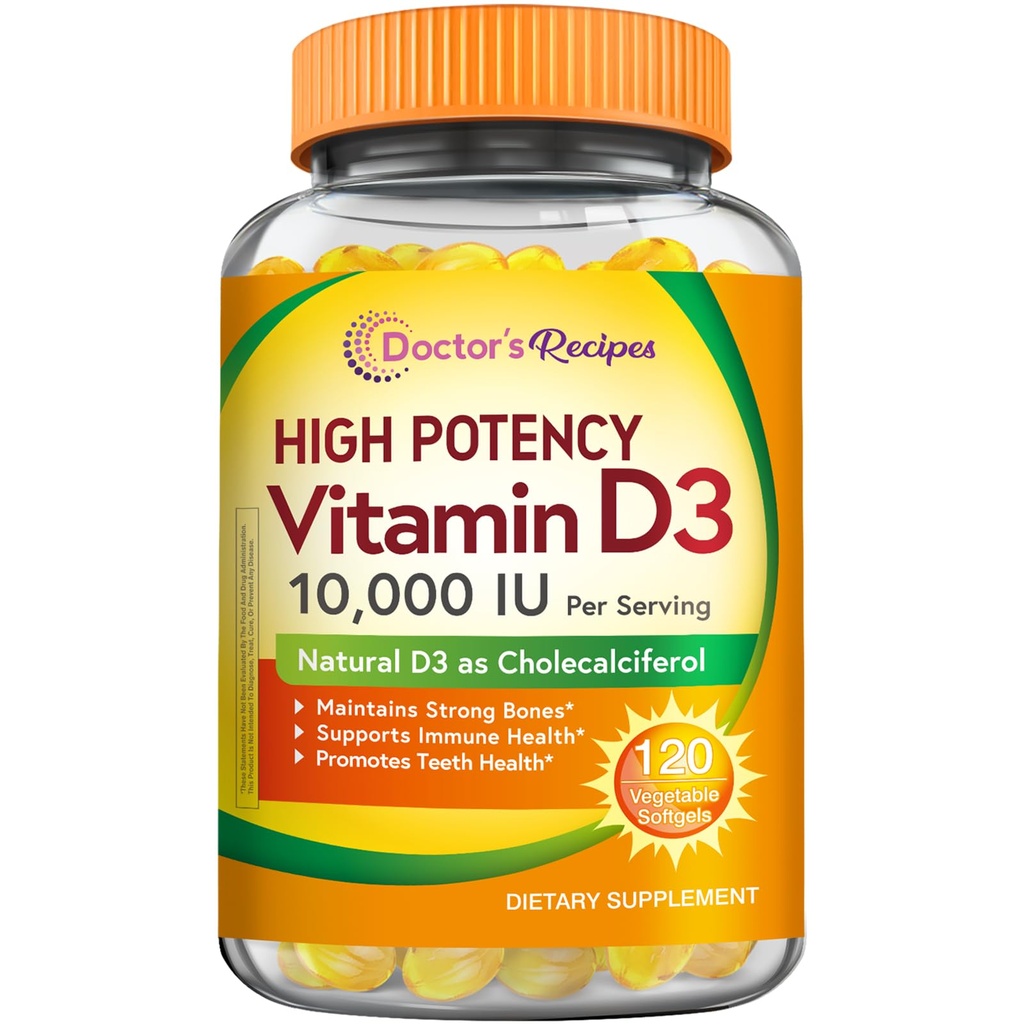 Doktor'un Vitamin Tartları D3 10000 İ, Bones, Dişler ve Immune Support, Non-GMO, No Gelatin, Gluten veya Soy, 120 Vegetarian Softgels