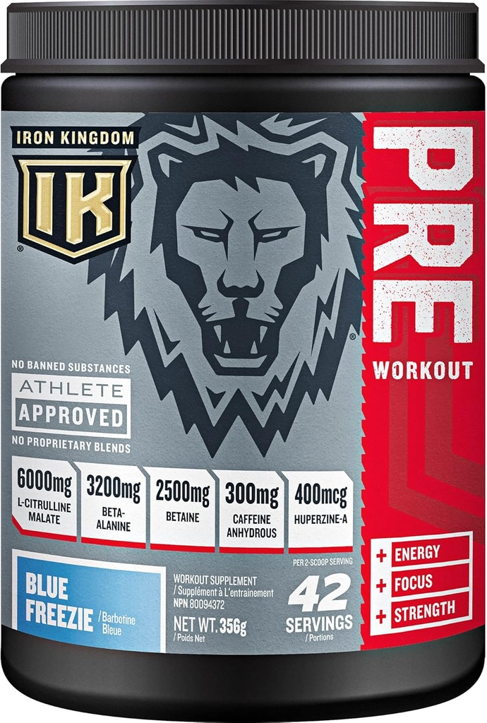 Iron Kingdom Pre Workout Powder for Men & Women Caffeine, Beta Alanine & Aminos for Intense Focus Endurance & Pump - Preworkout Energy Drink Powder Natural Blue Freezie - 42 Services