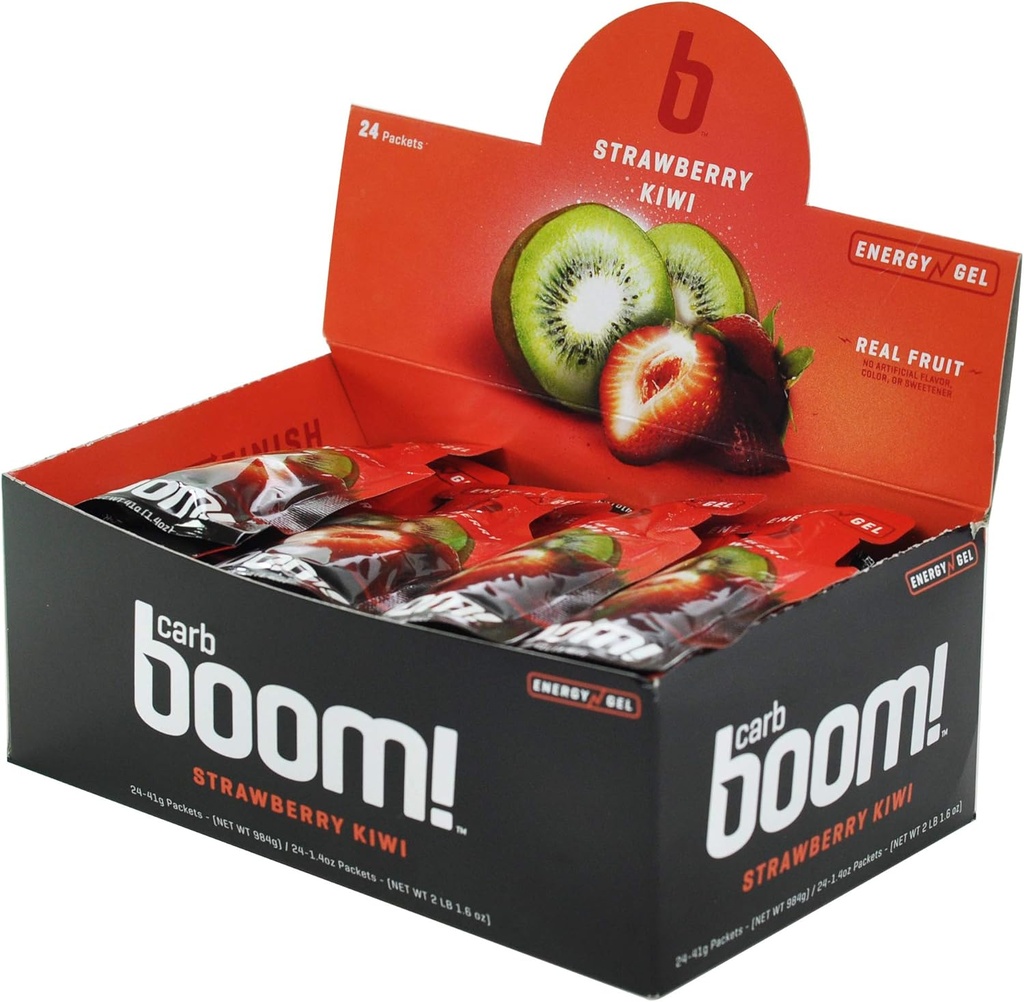 Boom Nutrition - Carb Boom Energy Gel - Fruit-Flavored Energy Gels - Workout Gel - Energy Gel for Cycling - Running Gel - Natural Energy Gel - Strawberry Kiwi (24 Pack)